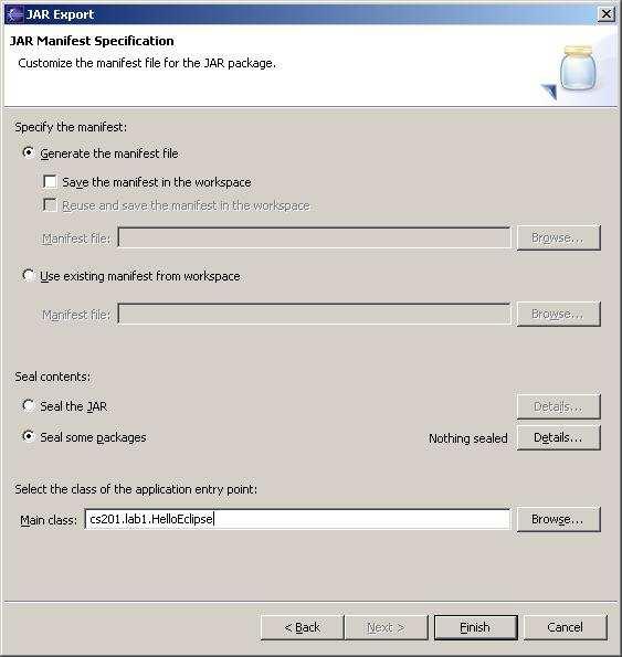 13. On the next dialog box, accept the defaults and click Next. Finally on the third dialog box choose the cs201.lab1.