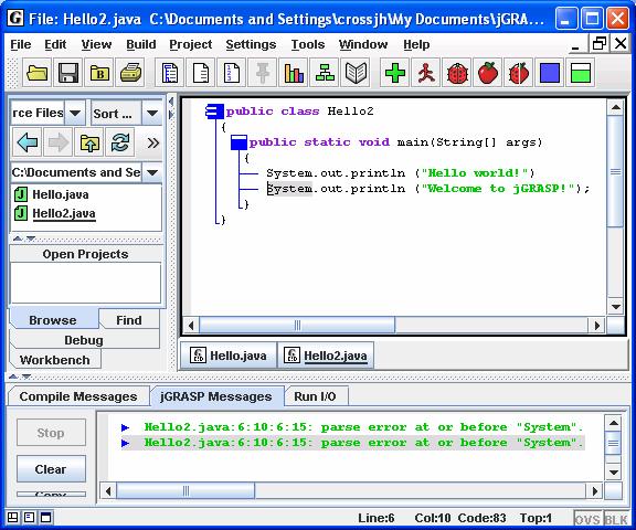 If a syntax error is detected during the CSD generation, jgrasp will highlight the vicinity of the error and describe it in the message window.