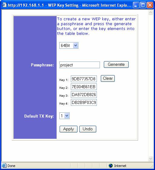 set my key to 64-bits as is shown in Figure 3 below. The pass-phrase I used was project.