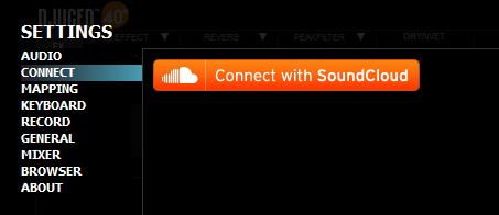 11.2. Connect The connect menu allows you to log in to third-party services. SoundCloud allows you to share the mixes you record in DJUCED 40 (see REC).