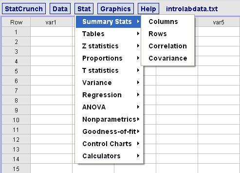 6.4 Stat Button Stat button gives you an access to all statistical procedures available in StatCrunch.