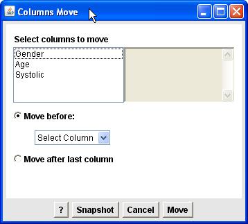 The two radio buttons in the dialog box represent two mutually exclusive choices; the selected column can be moved before another column or after the last column.