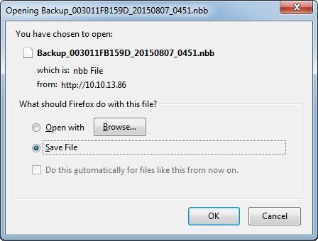 Backup settings Backup settings to local hard drive Click on backup to create a system backup. When the backup file has been created you will be asked to save it to your computer.