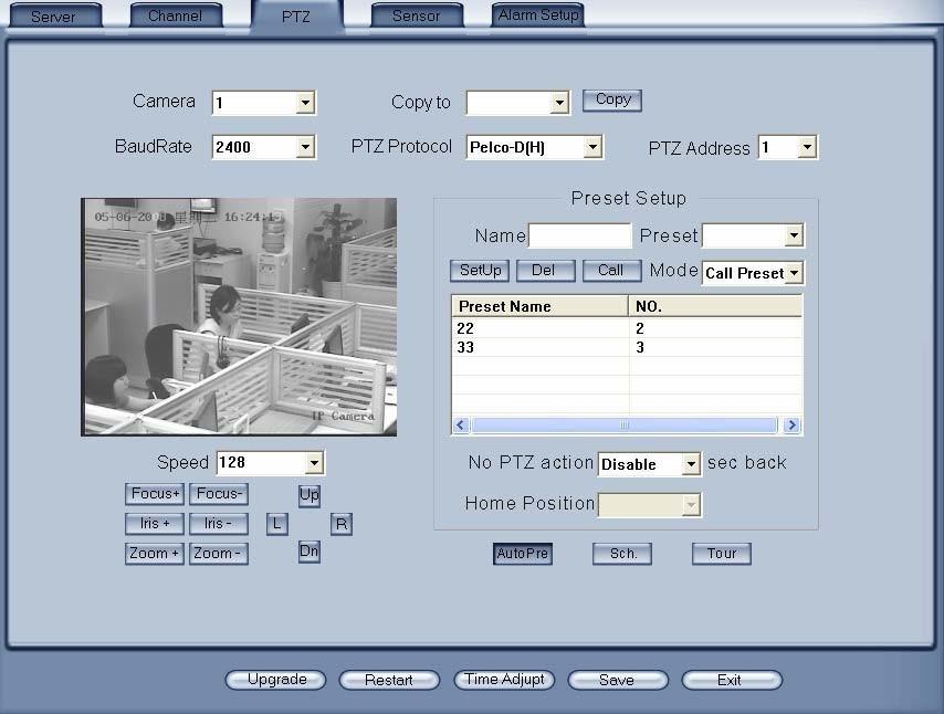 Press button to set PTZ. In this screen, you can define the PTZ protocol and set the Preset Position as well as the plan to execute them automatically.