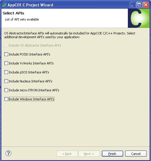 6. On Select APIs window, select the required AppCOE development APIs and click Finish Please Note: If your want to include support