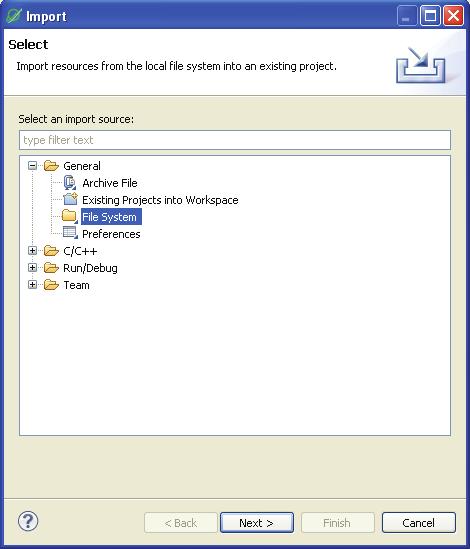 2. To Import existing source files, choose File System from the Import window and click