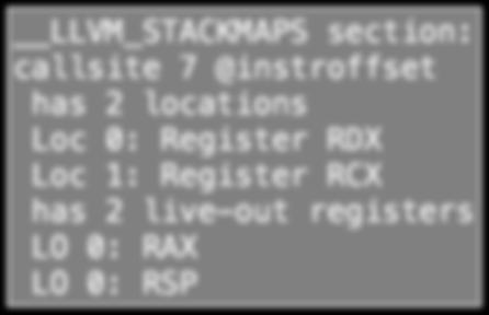 Patchpoint - Stack Maps Call args omitted PATCHPOINT 7, 15, 4276996625, 2, 0, %RDI, %RSI, %RDX, %RCX, <regmask>, %RSP<imp-def>, %RAX<imp-def >, LLVM_STACKMAPS section: callsite 7 @instroffset has 2