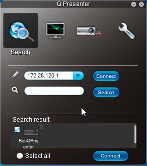 The Search page allows you to search and connect to a projector. To connect to a projector, type the projector IP address and click Connect.