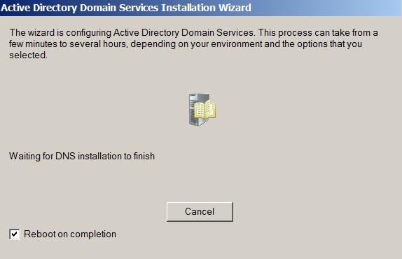 Progress windows of active directory installation wizard Active Direction installation is
