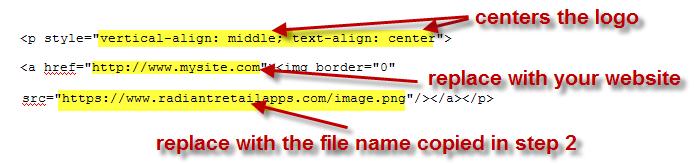 Replace the contents with the following sample HTML code: <p style="vertical-align: middle; text-align: center"> <a href="http://www.mysite.com"><img border="0" src="https://www.