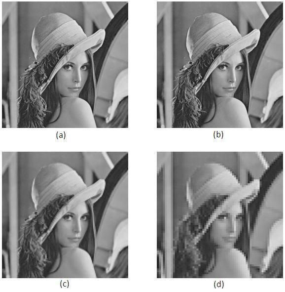 Figure 1 : Lenna image compressed using (a) (b) JPEG (c) 2-level (d) 3-level Technique/ Parameter Table-1 JPEG 2-level 3-level CR 1.72 11.13 14.8 33.38 MSE 0 17.16 132.26 279.80 6 PSNR 99 35.43 26.