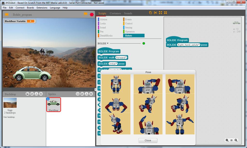 program. 3. Drag the BOLIDE Initial Pose block to the Scripts area at right.