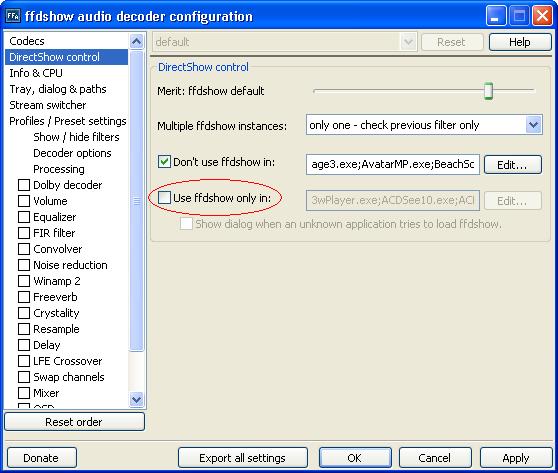 3.4. Audio decoder DirectShow control Similar as for video decoder configuration, also uncheck the Use ffdshow only