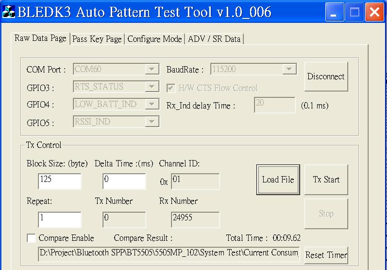 - Auto Pattern Test Tool for TX test: Make connect to EVB. Start TX transmit in BLEDK3 APP of smart phone, the received byte number and transmit time will show on the screen. 4.