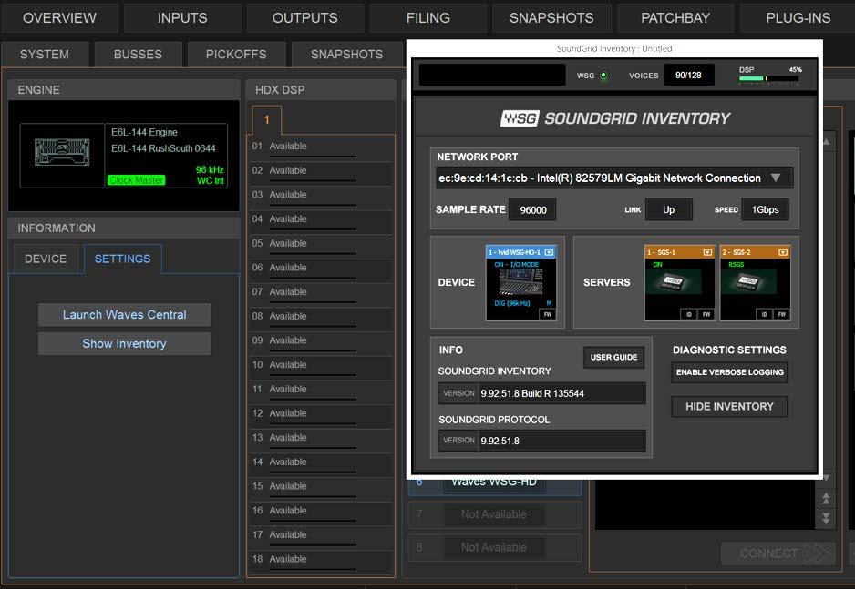 From the VENUE Options/Devices tab, select Waves WSG-HD as the expansion card. Click the Show Inventory button to open the SoundGrid Inventory page.