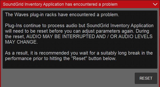 SoundGrid Inventory application is not responsive or quits If the SoundGrid Inventory application freezes or quits unexpectedly, audio will continue to pass through the rack and processing will be
