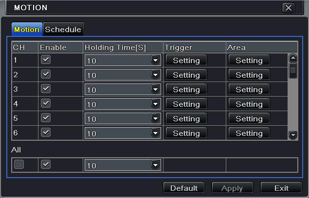 1 2 Go to Menu Setup Schedule Motion tab. The setup steps for schedule for motion based recording are similar to normal schedule setup. You can refer to 4.4.1 Schedule for details.