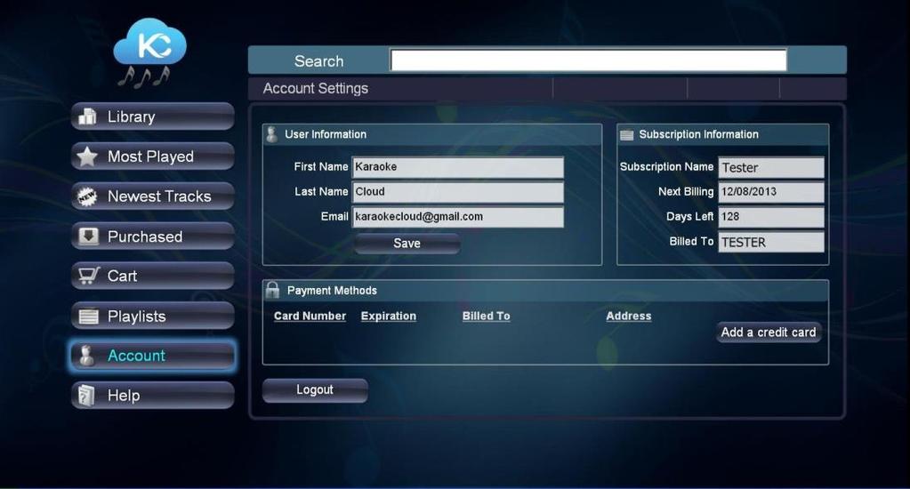 9. Account The Account menu shows your information. Press the Logout button to exit Karaoke Cloud.