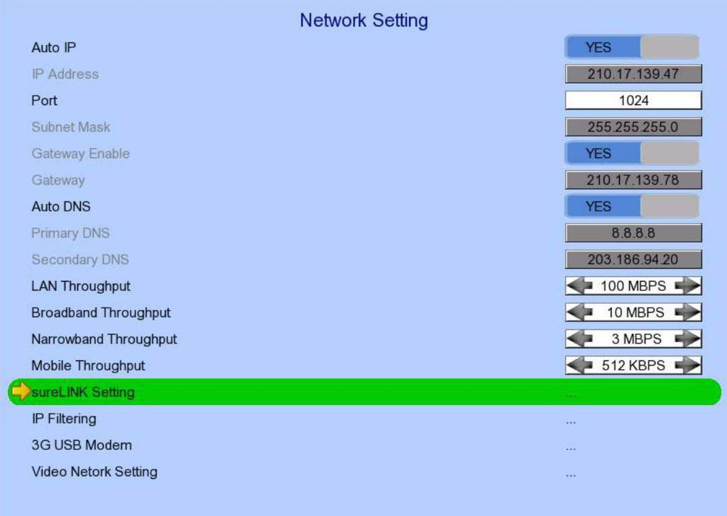User Guide PAGE 37 [Main Menu] [System] [Network Setting] Auto IP IP Address Port Subnet Mask Gateway Enable Gateway Auto DNS Primary DNS Secondary DNS Broadband Stream Throughput Narrowband Stream
