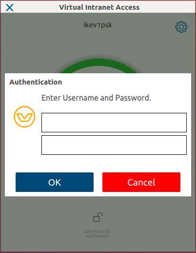 Figure 51 XAUTH Credentials 2. Enter your username and password. 3. Click OK. When the VPN connection is established, the VPN ring becomes green and displays a VPN CONNECTED status.
