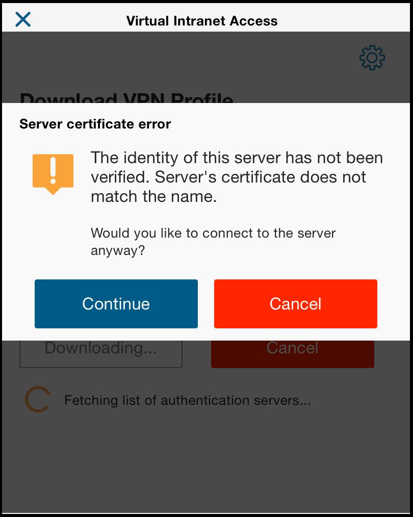 Figure 71 Server Certificate Error 6. (Optional) Select a web authentication profile from the Web Authentication Profile list.