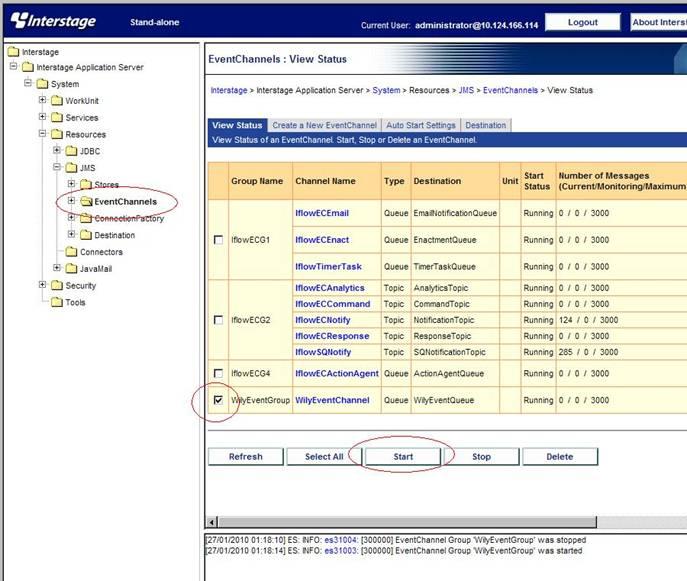4. In Interstage Application Server, start EventChannel, as shown in this figure. 2.