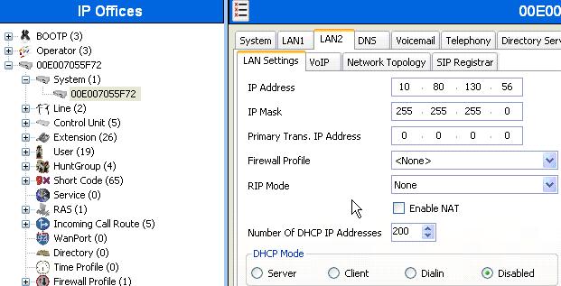4. Similarly, select the LAN2 tab followed by the LAN Settings tab and set IP Address of the IP Office on the enterprise side as shown below. 5.
