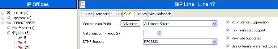 4.4.4. SIP Line - VoIP Tab Select the VoIP tab and configure as follows: Compression Mode Set to Automatic Select from the drop-down list DTMF Support - Set to the default value RFC2833.