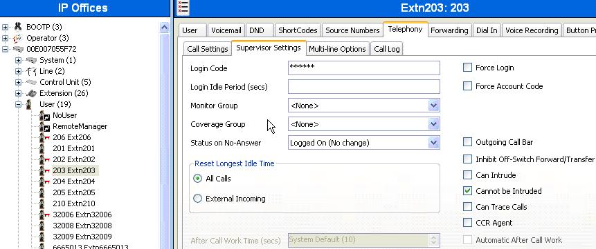 Select the Supervisor Settings tab as shown below. To allow hot desking, enter a Login Code.