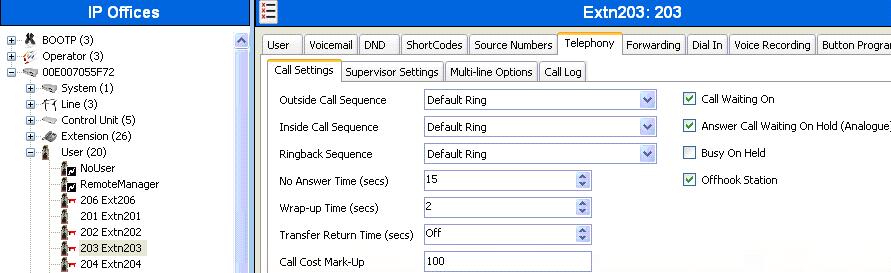 Check the Call Waiting On box to allow an IP Office Softphone logged in as this extension to have multiple