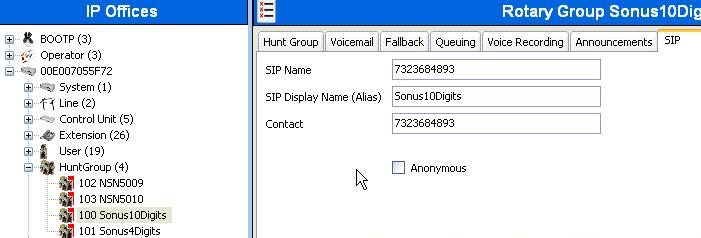 The following screen shows the SIP tab for hunt group 100. The SIP Name and Contact are configured with AT&T DID 7323684893.