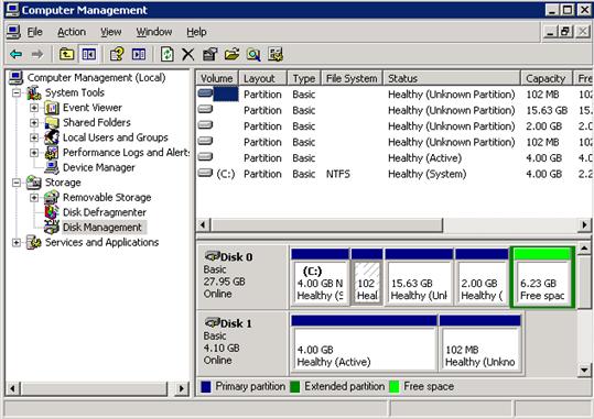 6 Create the iscsi Boot Image from the HDD The Computer Management window opens. a. Click Storage from the left pane, and then click Disk Management. Look for a disk other than Disk0.