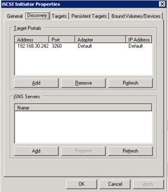 The iscsi Initiator Properties dialog box opens. 11. Click the Discovery tab.