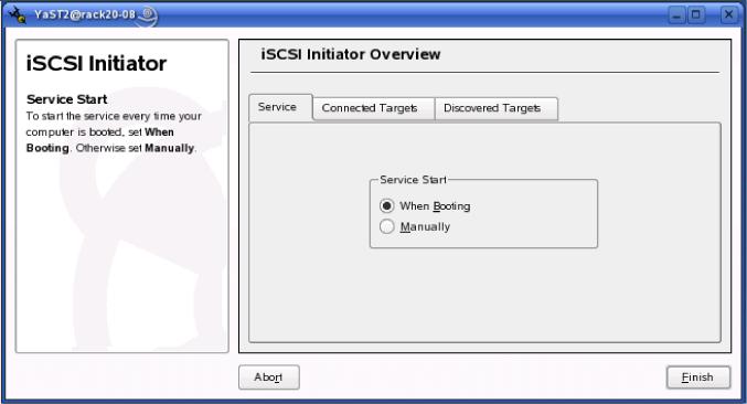 . iscsi Initiator setup for Linux Installing and configuring the SUSE Linux Enterprise 10 iscsi driver Configure the initiator using the built-in GUI-based tool or the open-iscsi administration