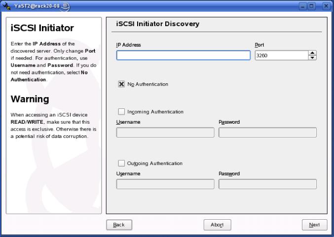 To configure the Initiator and Targets, start the iscsi Initiator applet by finding it in the YaST Control Center under Network Services, and then set the service to start at boot time (Figure 34).