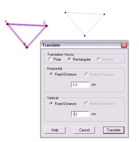 c. Choose RECTANGULAR Translation Vector. d. Enter a number between 1 and 10 into the horizontal and vertical distance boxes. e. Click on TRANSLATE. f.