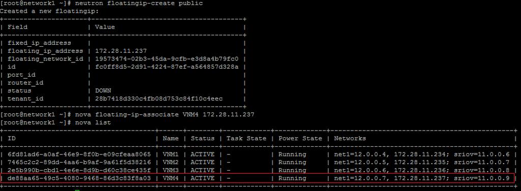 2. Issue the following command to ensure that the VM is up and running: #nova list Following is a sample output. 3. Assign a floating IP address to the private network to access using ssh.