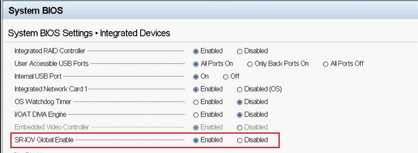 Under Integrated Devices, ensure that SR-IOV Global Enable is enabled, as shown: 4.