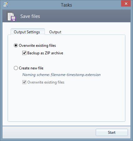 8 Output 8.1 Output Settings Overwrite existing files Optionally, the modified files can be stored in a restorable ZIP archive. In the Restore dialog, the changes to the files can be undone.