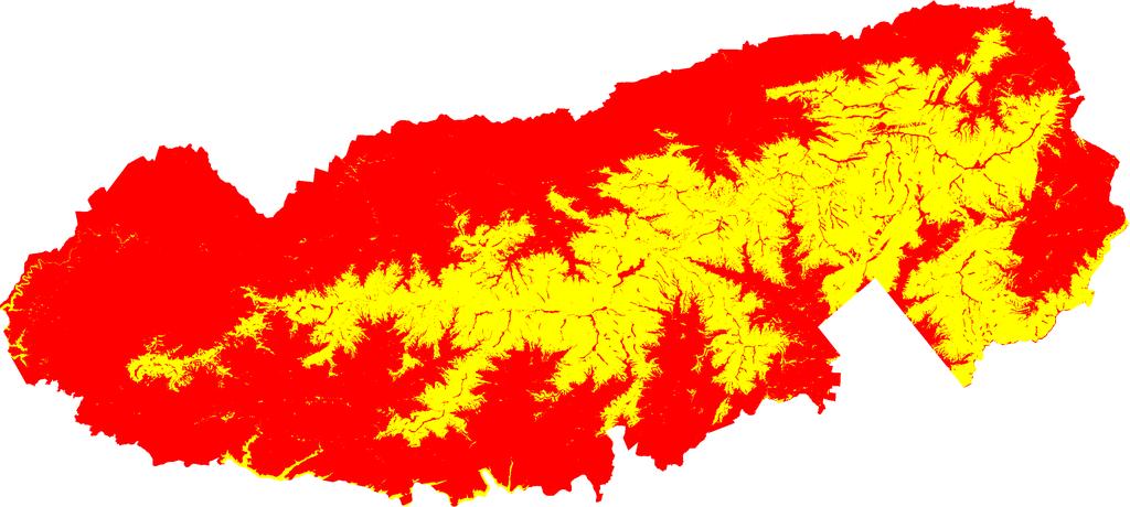 Figure 3: Range map of the hooded warbler in GRSM. Red is habitat, yellow is non-habitat. References ESRI, 2006.
