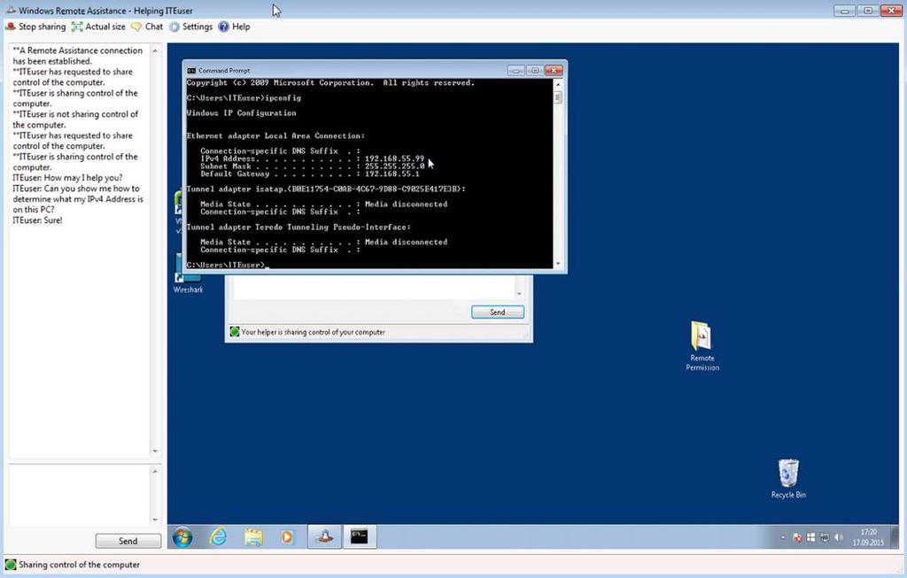 c. The Command Prompt window opens inside the Windows Remote Assistance Helping ITEuser window.