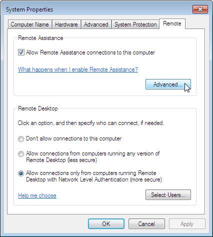 b. The System Properties window opens. Check the Allow Remote Assistance connections to this computer checkbox, and then click Advanced. c. The Remote Assistance Settings window opens.