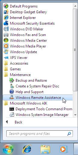 Step 3: Create a Remote Assistance Invitation on PC-2. a. Click Start > All Programs > Maintenance > Windows Remote Assistance.
