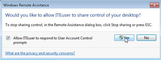 Step 7: From PC-2, allow ITEuser to share control of your desktop.