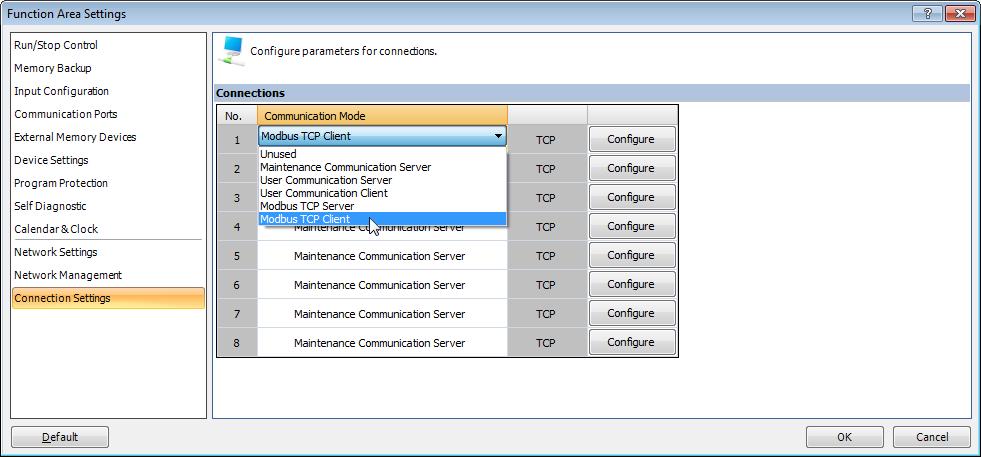 ISMD23E2 User Manual WINDLDR 8.5 PROJECT SETUP 3.2.2 Set the Communications Mode for the selected channel to Modbus TCP Client Click on the Communications Mode cell of the selected port.