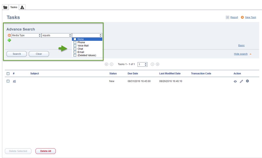 Manage Customers, Cases, Follow-Ups and Tasks in Local CRM Perform any or all of the following, and click Search: o o o o Enter a task number. Enter a task subject. Select an agent who created a task.