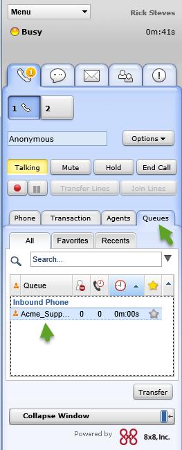 Process Phone Interactions 2. Open the Phone tab, then click the Queues tab. Agent Console does not place the phone interaction on line 1 on hold. 3. Choose a queue, and click Transfer.