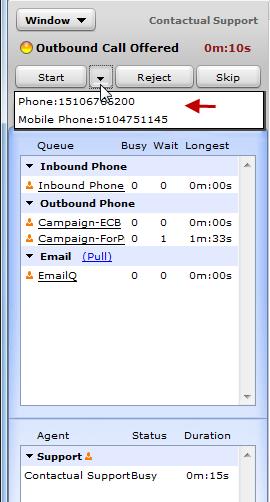 Process Phone Interactions Panel indicates an outbound call. 2. After a quick preview of the contact record, you can decide to initiate, reject, or skip the call.