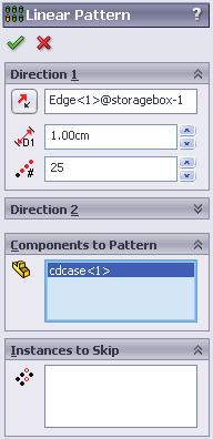 4 Enter 1 for Spacing. Enter 25 for Instances. The Local Component Pattern feature is added to the FeatureManager design tree. 5 Select the component to be patterned.