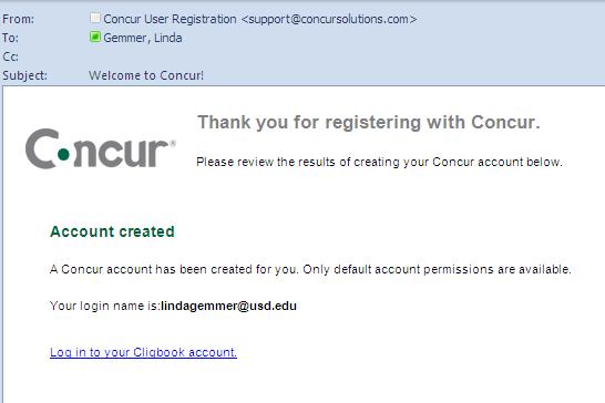 Registration Confirmation The next page will confirm registration. A link is provided to immediately log in to Concur.